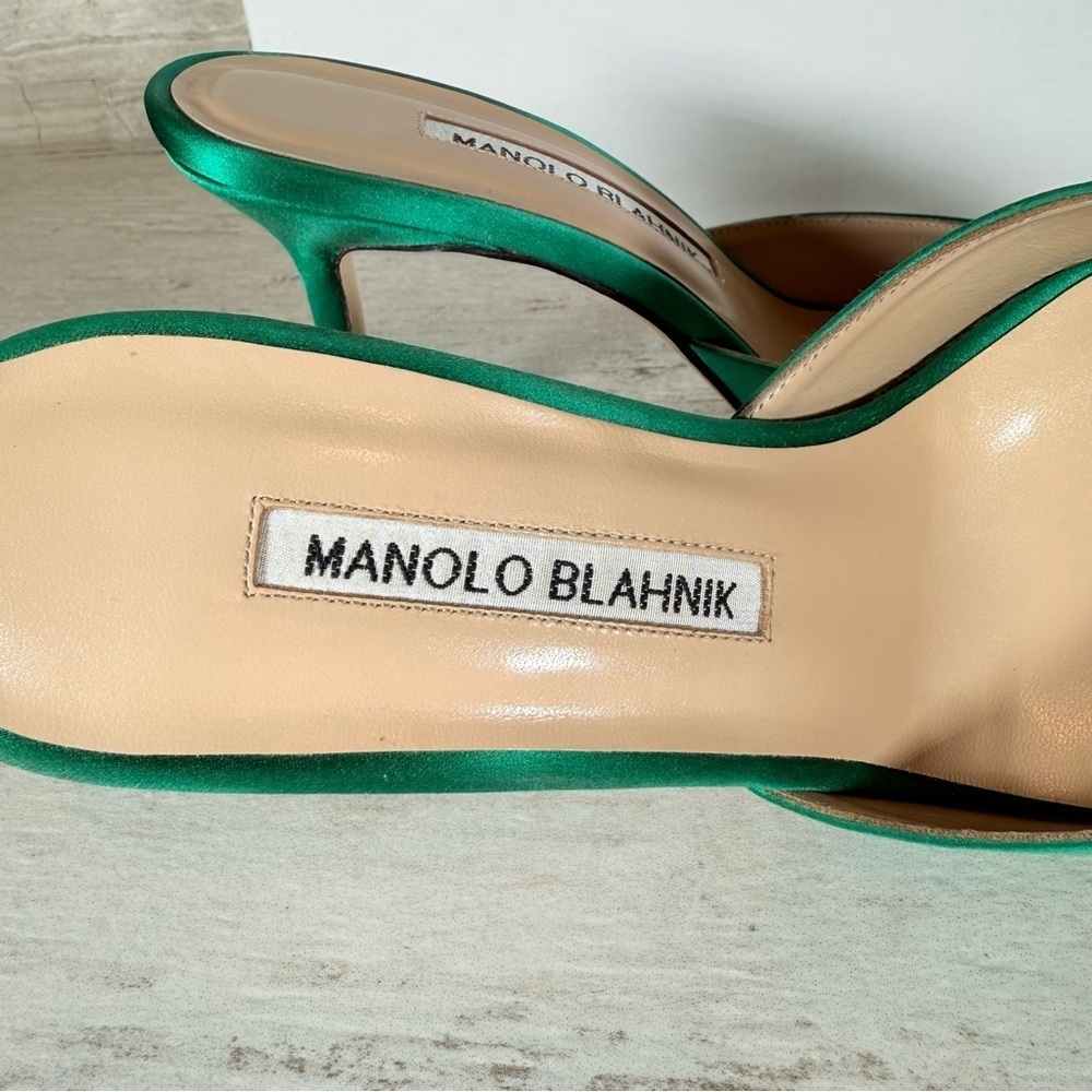 Manolo Blahnik Size 36 Green Hangisi Hangisimu Heeled Mules Satin 70MM NEW - Picture 6 of 16